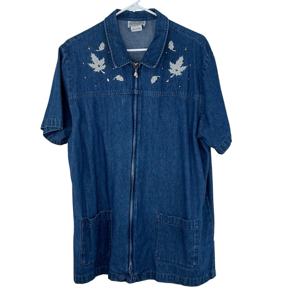 Vintage Jaclyn Smith Sport Denim Chambray Shacket Chore Shirt L Full Zip Blue